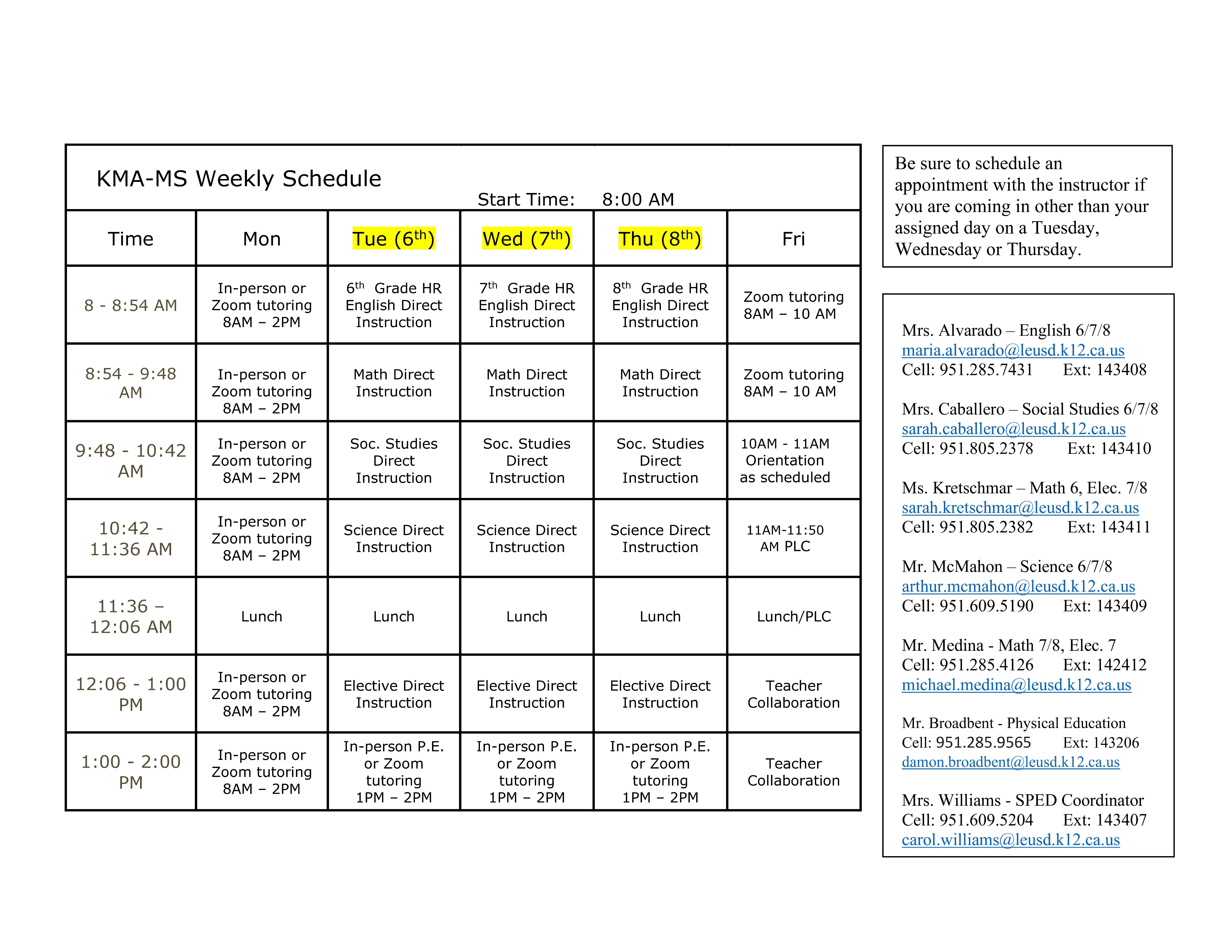 KMA Middle School Schedule for Q1 2022-2023